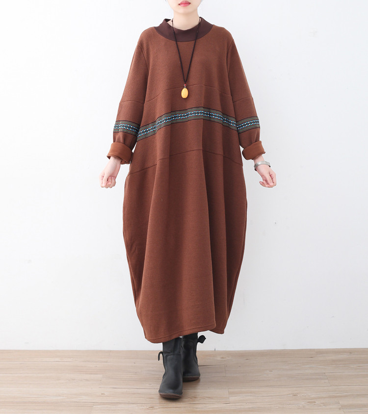 ステンドグラス風のデザインがお洒落☆スタンドカラーワンピース ブラウン