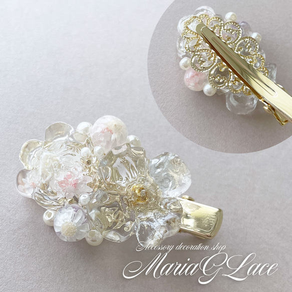 mariaglace☆clear flower bouqueミニヘアクリップ レジン パール付き ...