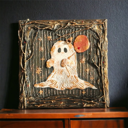 【一点物】「おばけちゃんと風船」アンティーク風なテクスチャーアート　インテリアアート 1枚目の画像