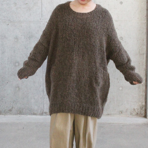 手編みざっくりモヘアロングセーター カーキブラウン ニット