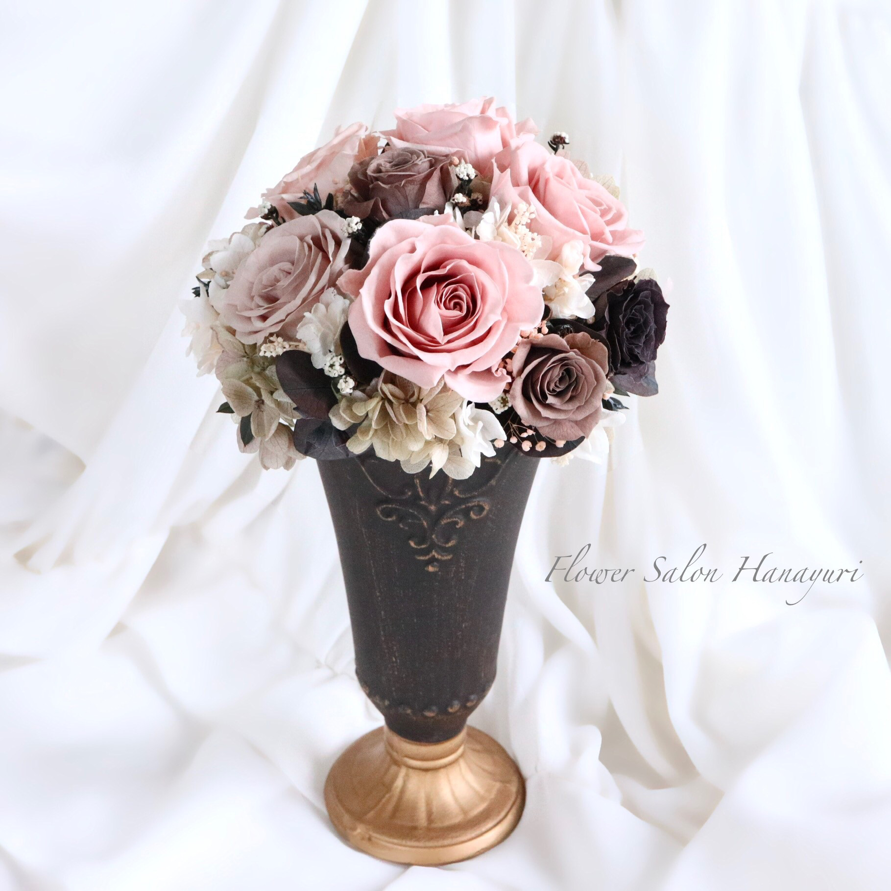 プリザーブドフラワー　3色のベージュピンクと２色のカフェ色