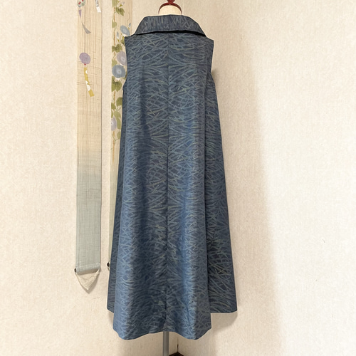 大島紬のロールカラーAラインワンピース 夏月 着物リメイク ワンピース