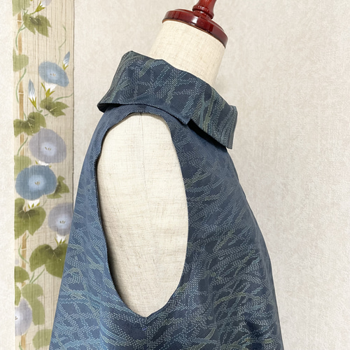 大島紬のロールカラーAラインワンピース 夏月 着物リメイク ワンピース