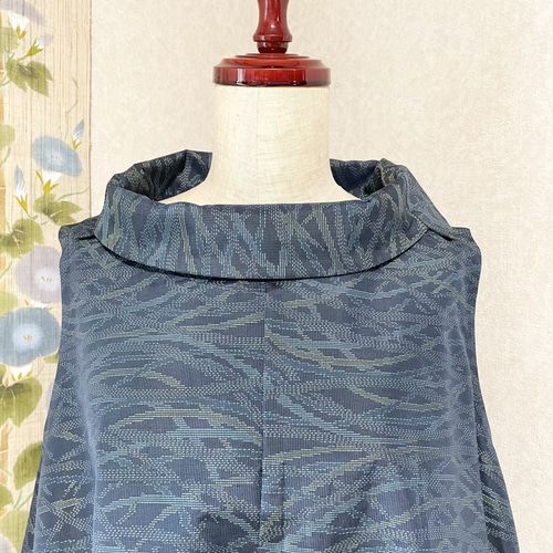 大島紬のロールカラーAラインワンピース 夏月 着物リメイク ワンピース