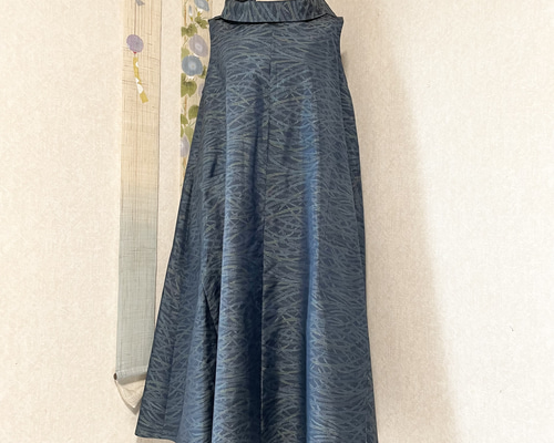 大島紬のロールカラーAラインワンピース 夏月 着物リメイク ワンピース