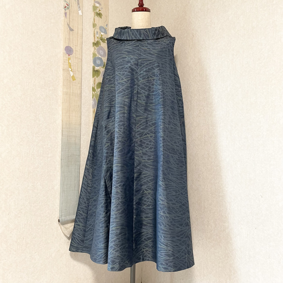 大島紬のロールカラーAラインワンピース 夏月 着物リメイク ワンピース