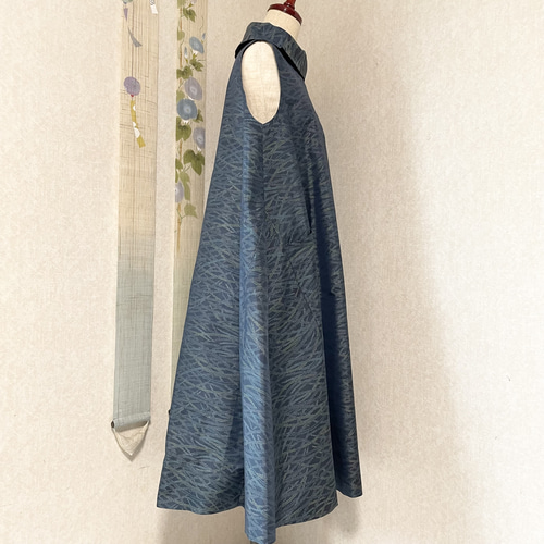 大島紬のロールカラーAラインワンピース 夏月 着物リメイク ワンピース