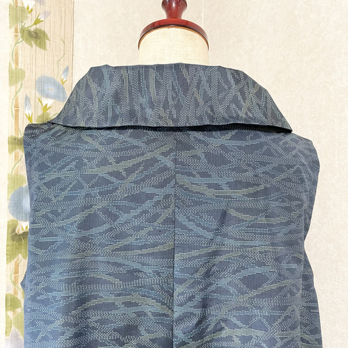 大島紬のロールカラーAラインワンピース 夏月 着物リメイク ワンピース