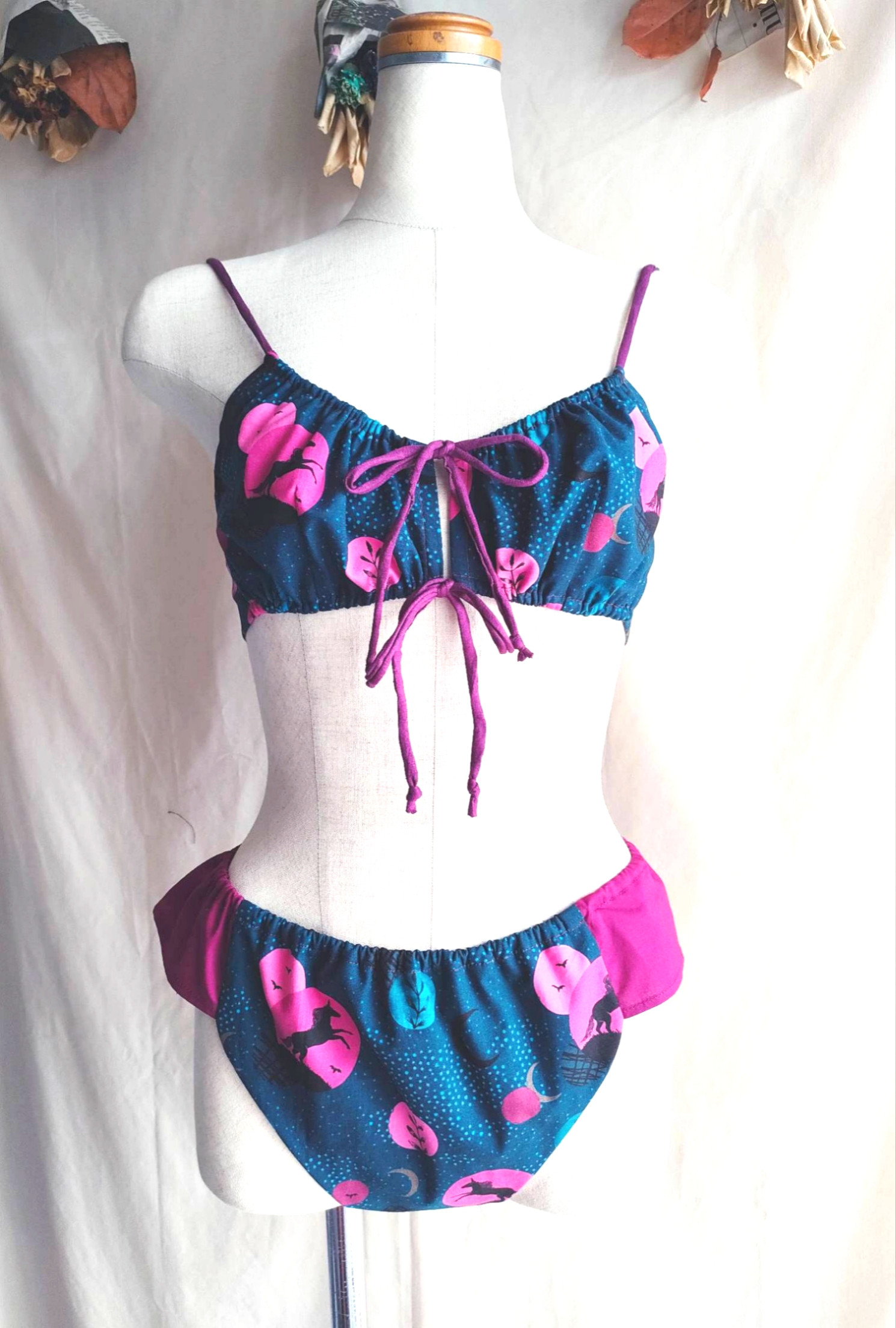 締め付けない下着・ブラジャー&ショーツ・L・総裏付き・ユニコーン柄・濃いブルー×パープル・ブラパッド有り