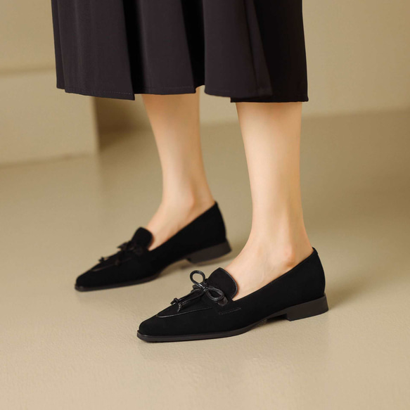 23秋冬新款女式真皮鞋時尚緞帶鞋高跟鞋慢跟22公分-24.5公分#843黑⭐免運費⭐ 第4張的照片