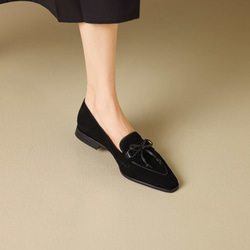 23秋冬新款女式真皮鞋時尚緞帶鞋高跟鞋慢跟22公分-24.5公分#843黑⭐免運費⭐ 第5張的照片
