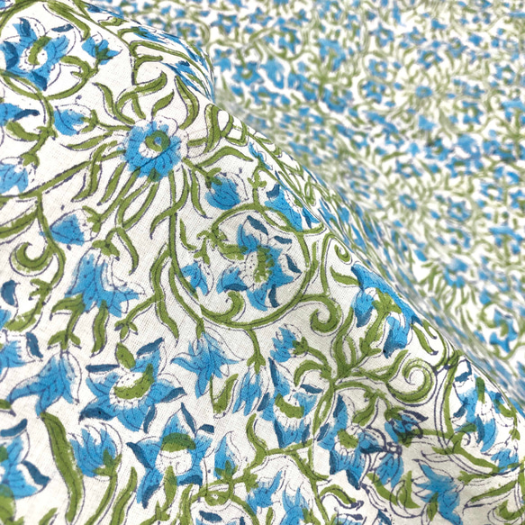 【50cm單位】白藍花綠葉印度手工塊印花布料棉質 第5張的照片