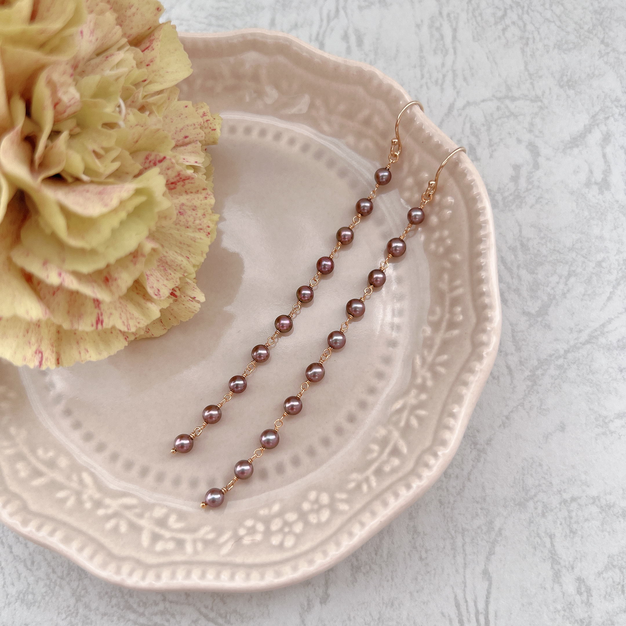 〜金具が選べる〜14kgf〜　あこやベビー黒真珠のロングピアス/イヤリング