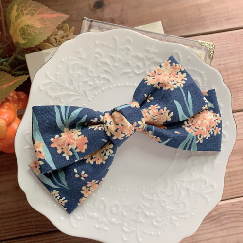 キンモクセイ 金木犀 紺 ネイビー ファブリックリボン ヘア