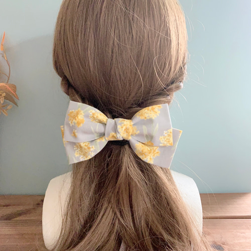 キンモクセイ 金木犀 グレー ファブリックリボン ヘアアクセサリー