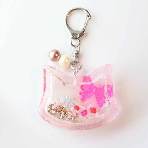 ねこ シャカシャカ キーホルダー レジン シェイカー ピンク
