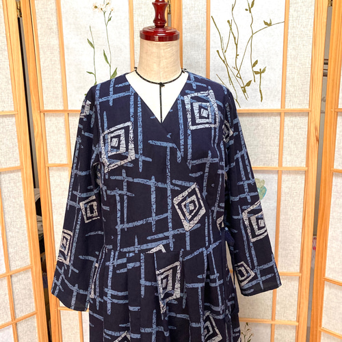 ☆浴衣リメイク☆ カシュクールワンピース (長袖／ネイビー