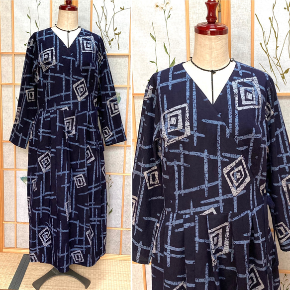 ☆浴衣リメイク☆ カシュクールワンピース (長袖／ネイビー