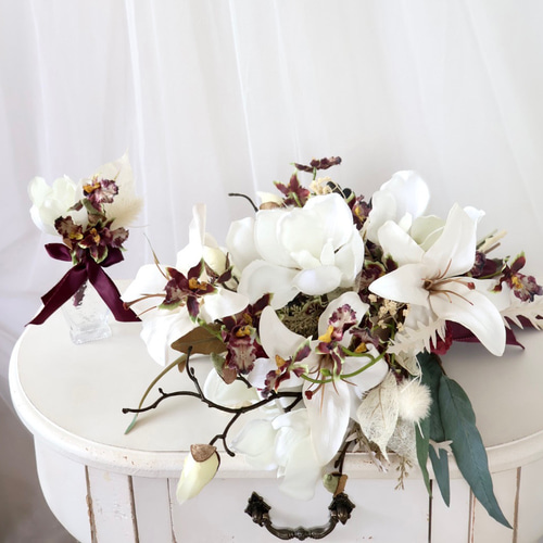 白木蓮と百合のブーケ ウェディングブーケ ブートニアセット