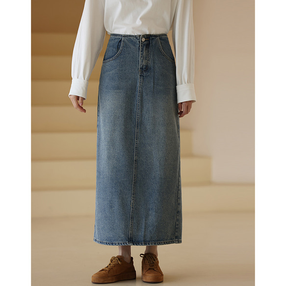 ロングデニムスカート デニムスカート コットン混紡 ブルー S-XL