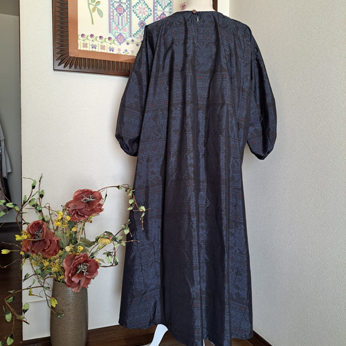 ★着物リメイク 大島紬 絹　★パッチワーク 七分袖シャツカラーワンピース 一点物 大島紬 着物 パッチワークワンピース L～2L 着物リメイク 結婚式