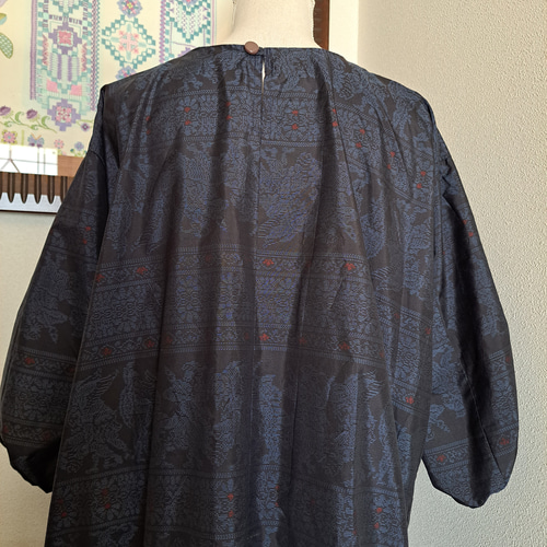 ★着物リメイク 大島紬 絹　★パッチワーク 七分袖シャツカラーワンピース 一点物 ☆着物リメイク 大島紬 絹 ☆パッチワーク 七分袖シャツカラー