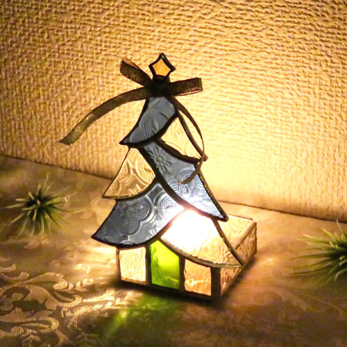 ステンドグラス ＊ブルーのクリスマスツリーのキャンドルホルダー