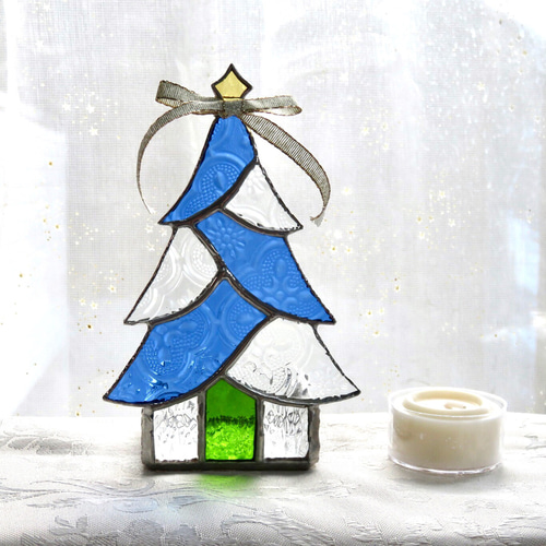 クリスマス　ろうそく立て　ステンドグラス ステンドグラス ＊ブルーのクリスマスツリーのキャンドルホルダー