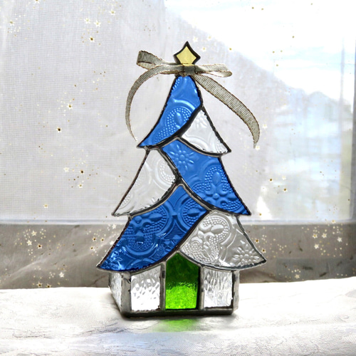 ステンドグラス ＊ブルーのクリスマスツリーのキャンドルホルダー