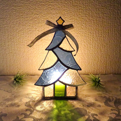 ステンドグラス ＊ブルーのクリスマスツリーのキャンドルホルダー