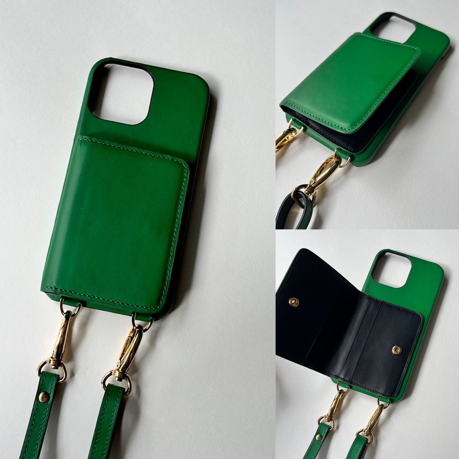 #3 名入れ可｜バイカラー本革iPhoneショルダーケース（背面収納　スマホショルダー）Green+Black