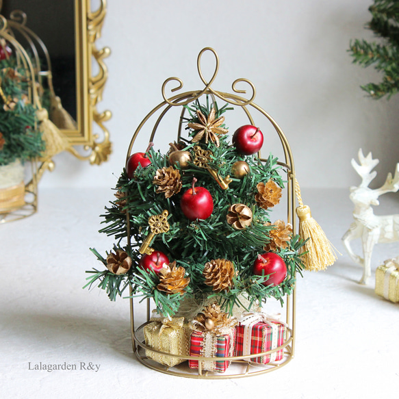 バードゲージクリスマスツリー　プレゼントを添えて…　タータンチェック　高さ24㎝　R＆yCH87 2枚目の画像