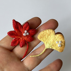 秋の彩り：紅葉、イチョウの刺繍ブローチ 4枚目の画像