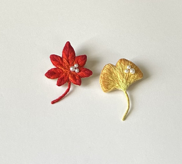 秋の彩り：紅葉、イチョウの刺繍ブローチ 3枚目の画像