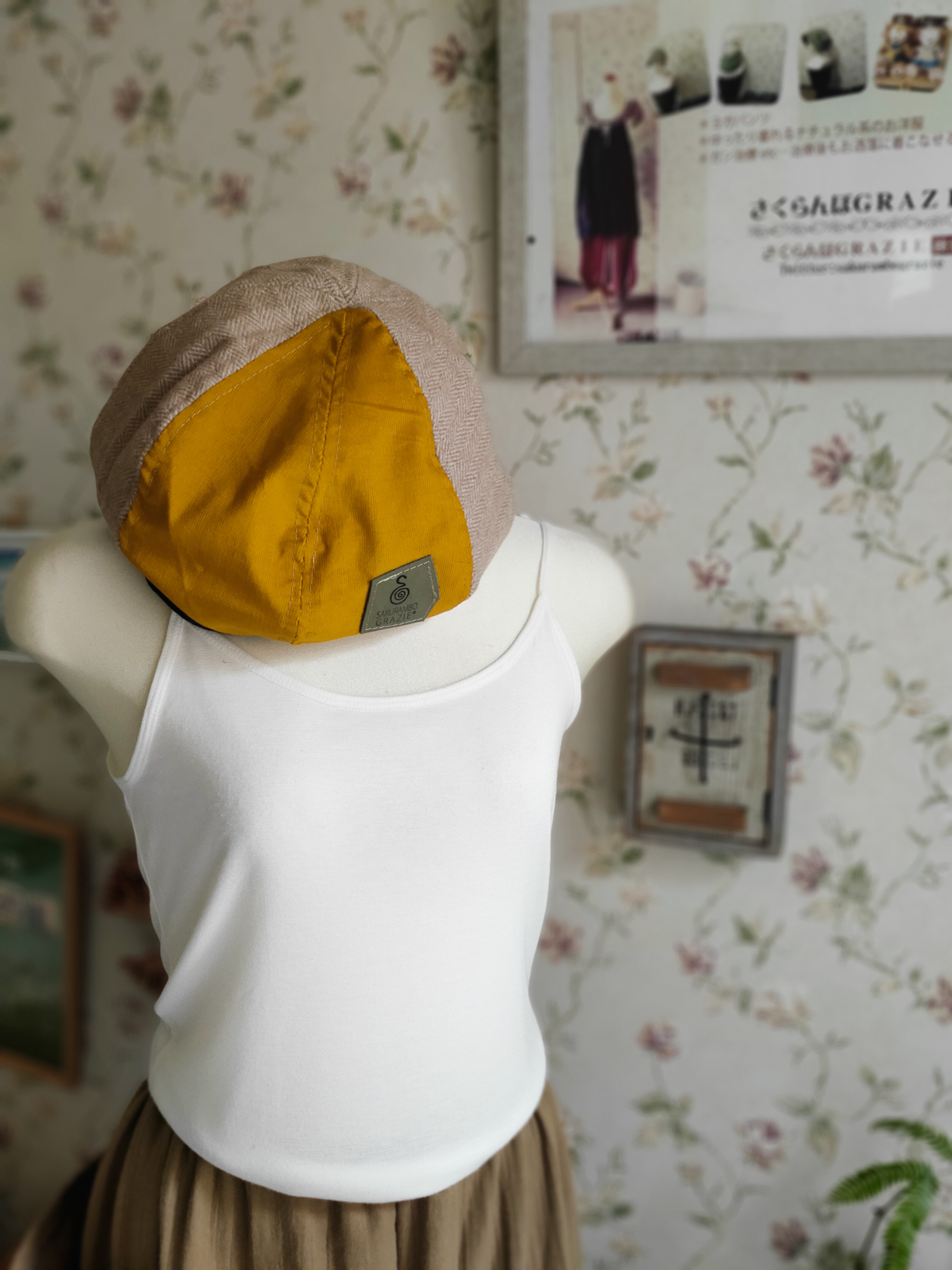 頭すっぽりリバーシブルベレー帽『wool×corduroy』～mustard＋oldrose～