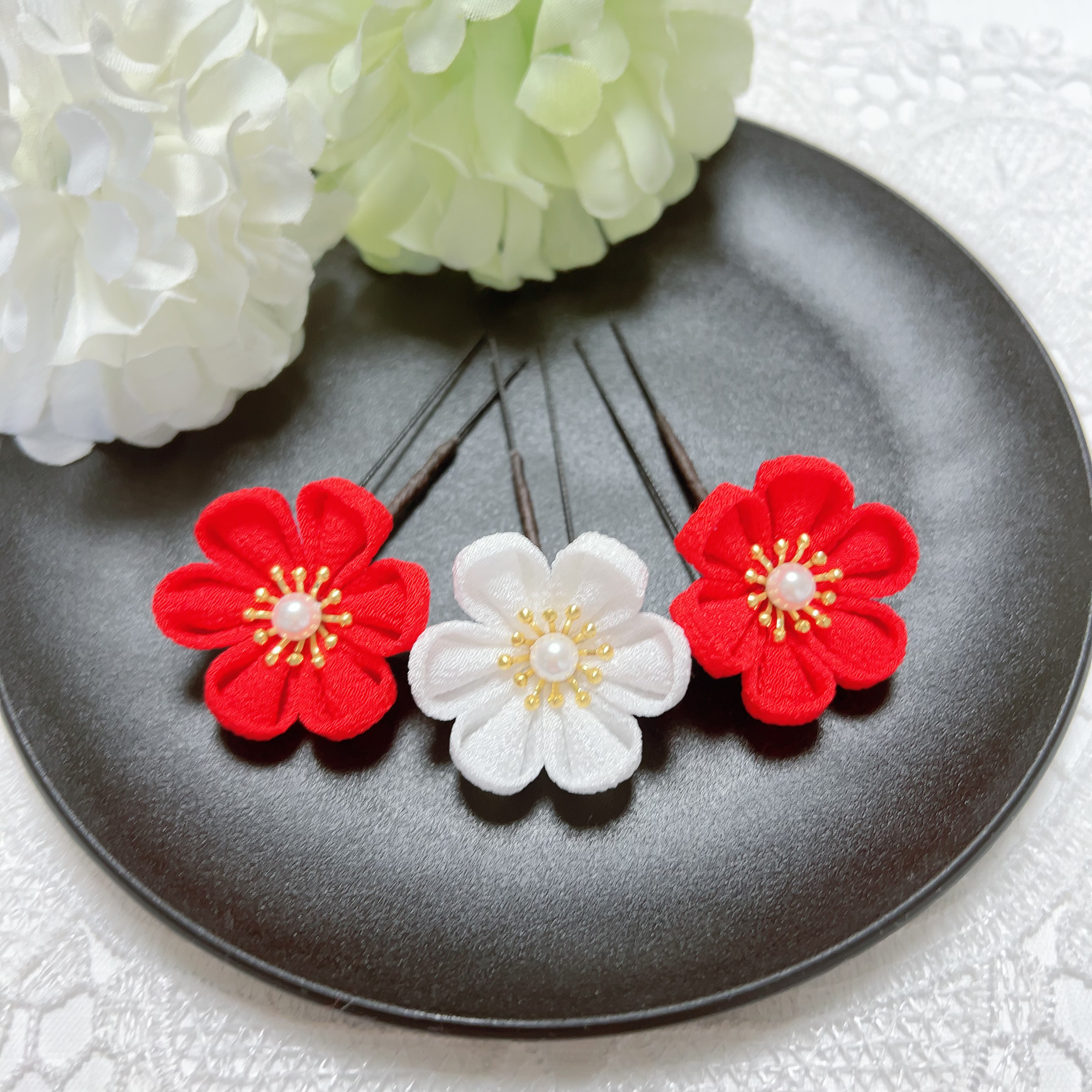 169 つまみ細工の髪飾り-Uピンセット ③パープル 七五三 成人式 卒業式 稚 