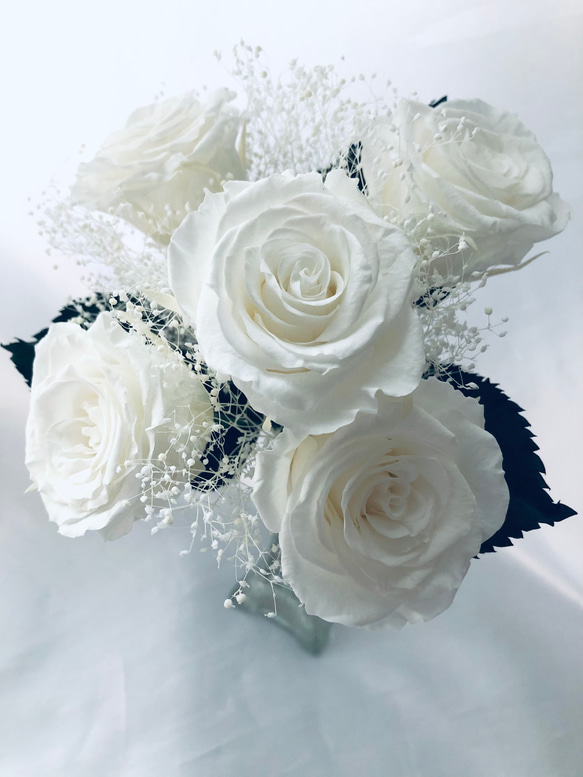 さな様専用　プリザーブドフラワー白い大輪薔薇とかすみ草花束 3枚目の画像