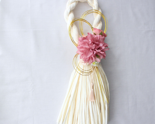 しめ縄リースホワイト タッセル 2026 お正月飾り 造花 しめ縄飾り