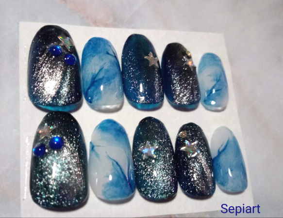 043【7点】【サイズ変更】【1点チップ変更】ピンクマグネット大理石ネイル ジェルネイルチップ☆付け爪〜ギャラクシー マグネット ネイビー