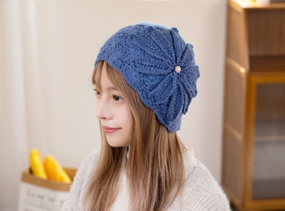 手編み 【Lady's】オシャレな帽子 アオ ニット帽・ビーニー 手編み 【Lady's】オシャレな帽子 アオ ニット帽・ビーニー