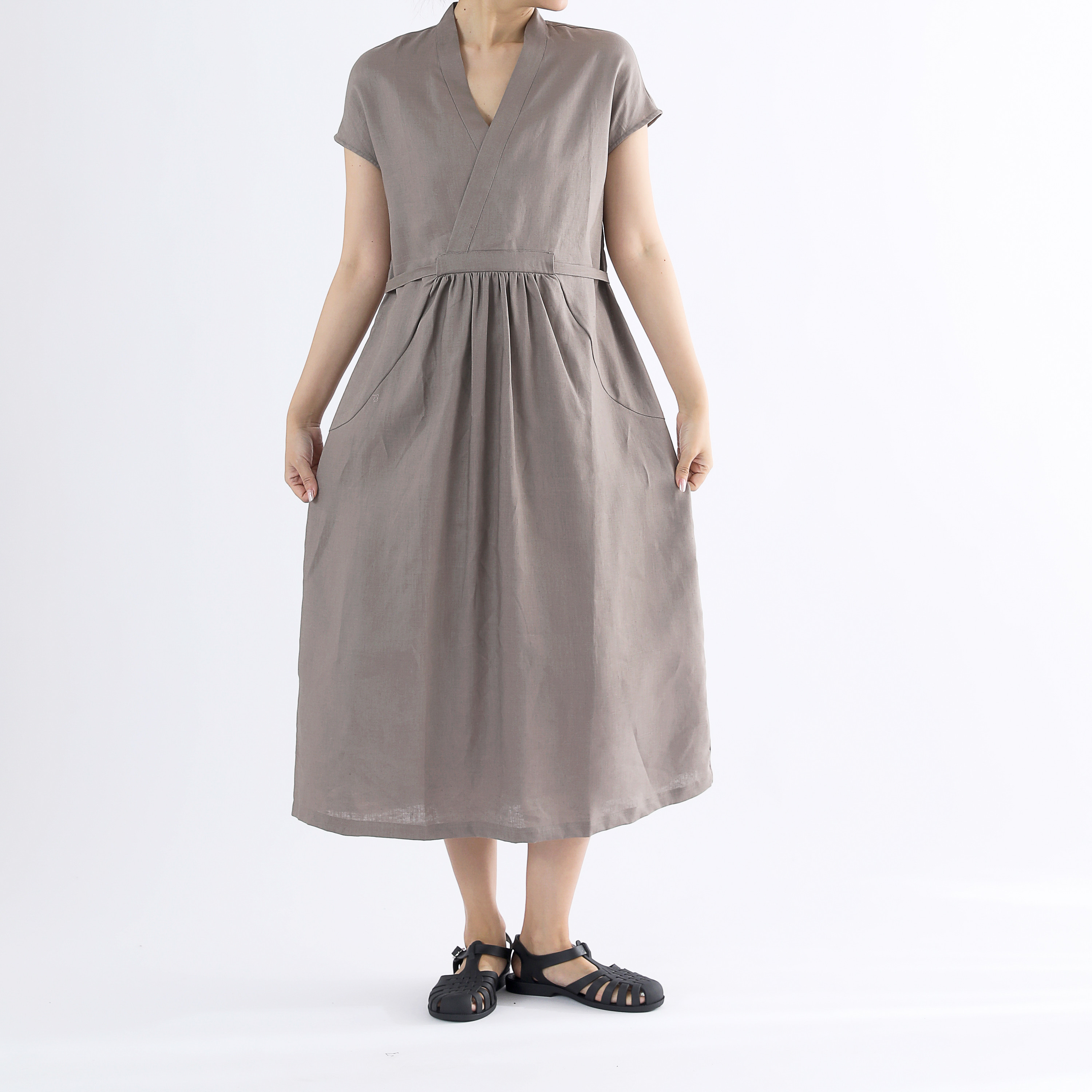 リネン100％Vネックギャザーロングワンピース・モカ・サイズオーダーok