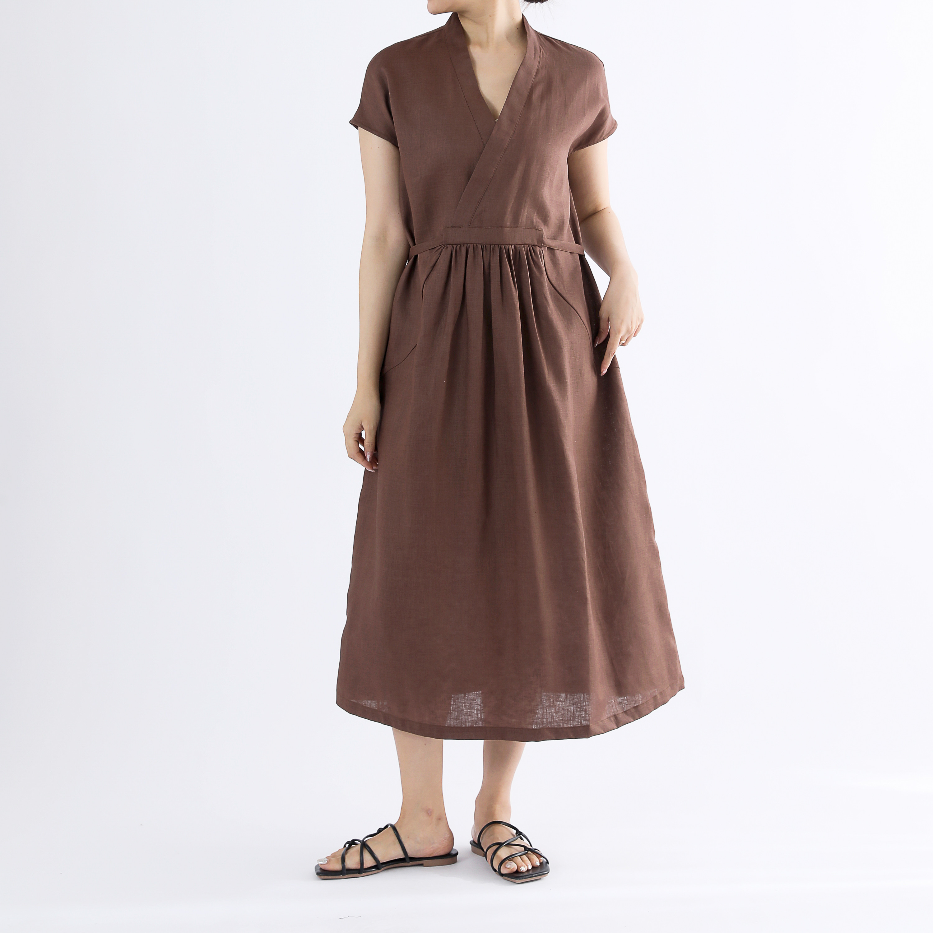 リネン100％Vネックギャザーロングワンピース・ブラウン・サイズオーダーok 5,609円