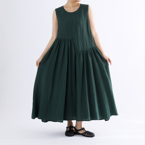 サイズオーダーok•リネン100％ノースリーブギャザーロングワンピース  