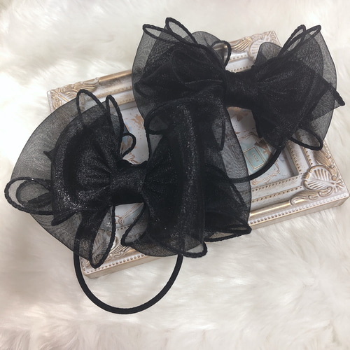 確認ヘアゴム ヘアリボン ツインテール600レースホワイト×ブラック