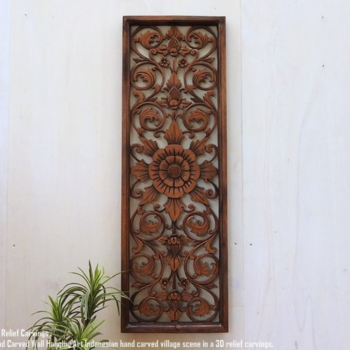 レリーフ 40cm×120cm B ブラウン アートパネル 木彫り フレーム 彫刻