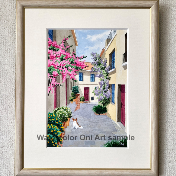 通販でクリスマス 原画 花の咲く路地07」透明水彩画 風景画 絵画 SMサイズ 額縁付 絵画