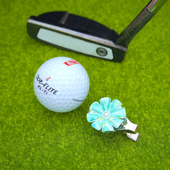 ゴルフマーカー　クリップタイプ　（グリーン 八弁花）　●　クロースフラワーアクセサリー 3枚目の画像