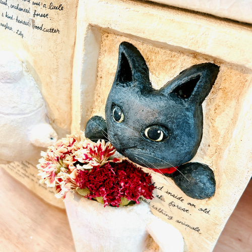 猫好きさんへ】黒猫とティーセットの飛び出す絵本風オブジェ