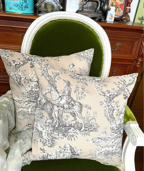 フランス製トワルドジュイ 乗馬 貴族のハンティング柄 クッション
