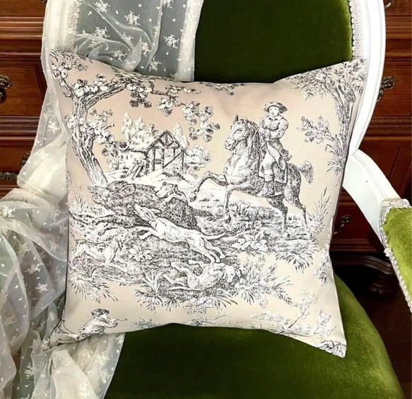 フランス製トワルドジュイ 乗馬 ハンティング柄 クッションカバー② 45